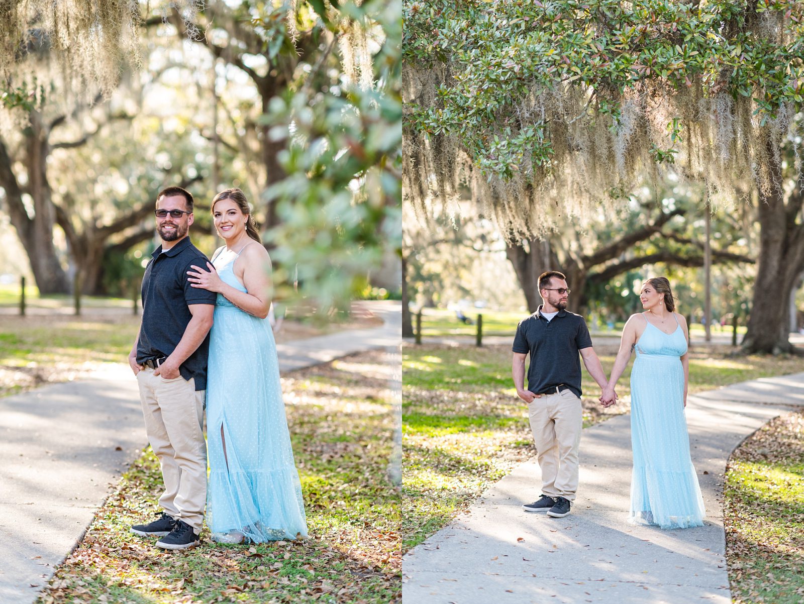 Romantic couple portrait under the Spanish moss at City Park in New Orleans, Louisiana