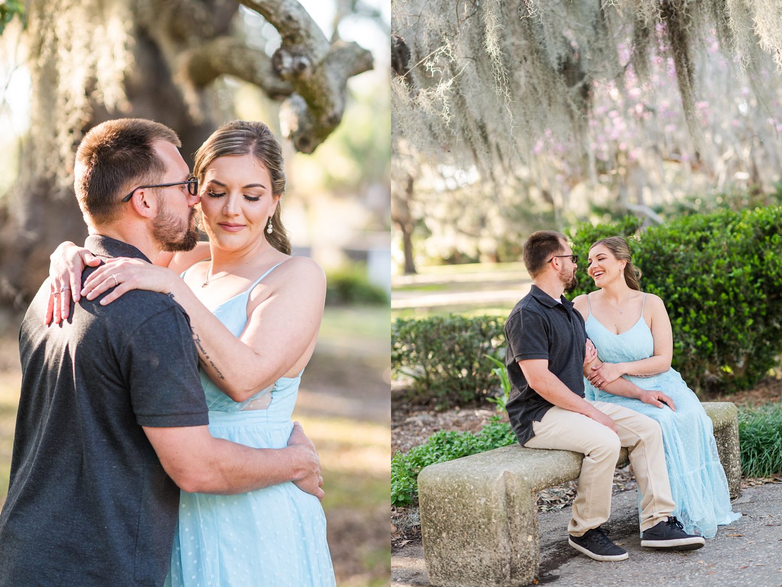 Salena and Trey’s candid engagement moment under oak trees in City Park
